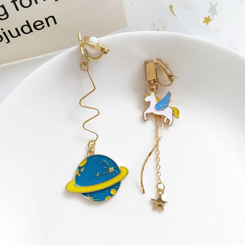unicorn Серьги планета на клипсах небесные животные Новинка Длинные асимметричные Клипсы Серьги без отверстий дамские Висячие аксессуары для женщин - Окраска металла: unicorn