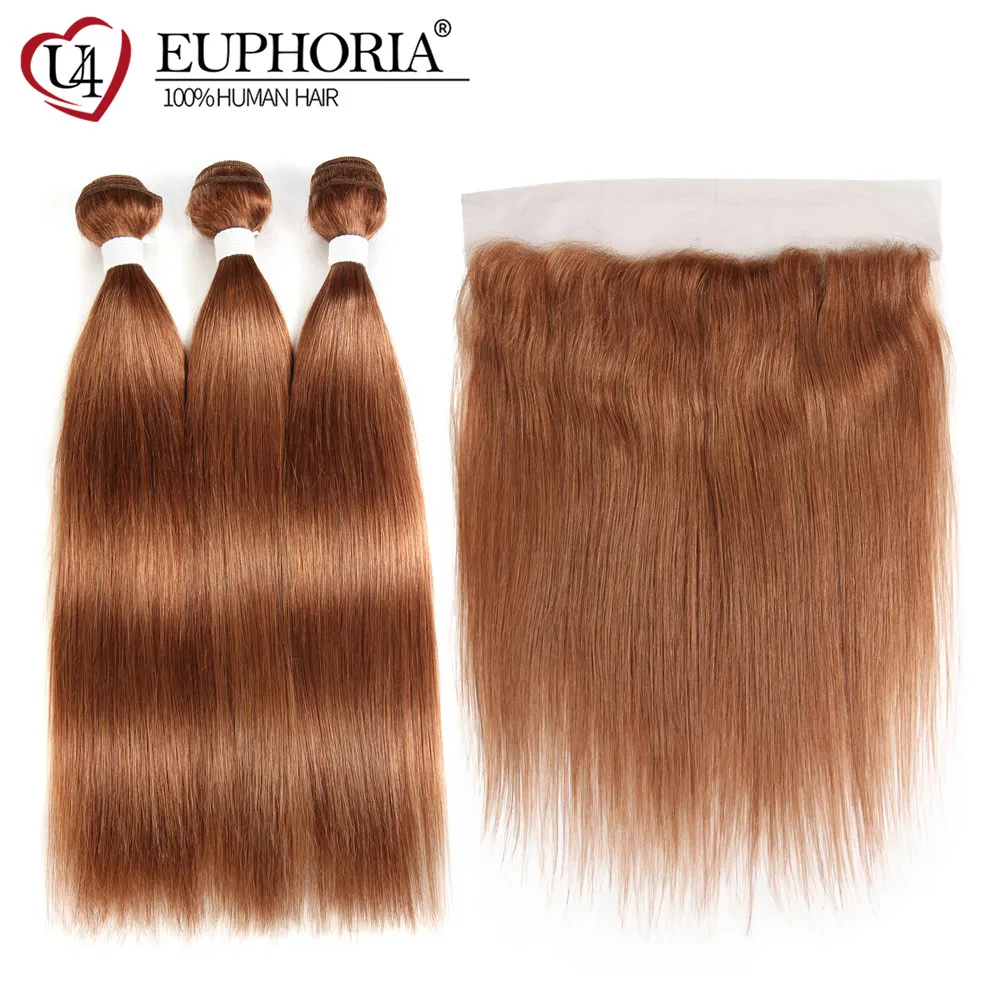 Straight Remy Hair Bundles With Frontal Brown 30 Brazilian Human Hair 3/4 Bundles With Lace Closure Frontal 13x4 4x4 EUPHORIA