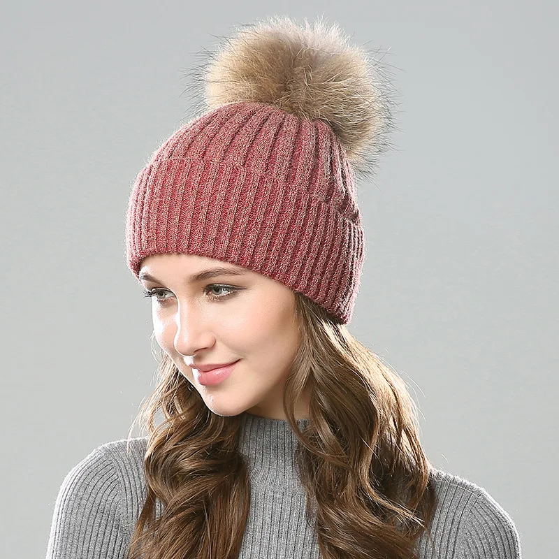 Осенне-зимняя шапка для женщин, Повседневная теплая шерстяная шапка из меха енота, вязаная шапочка с помпонами для дам