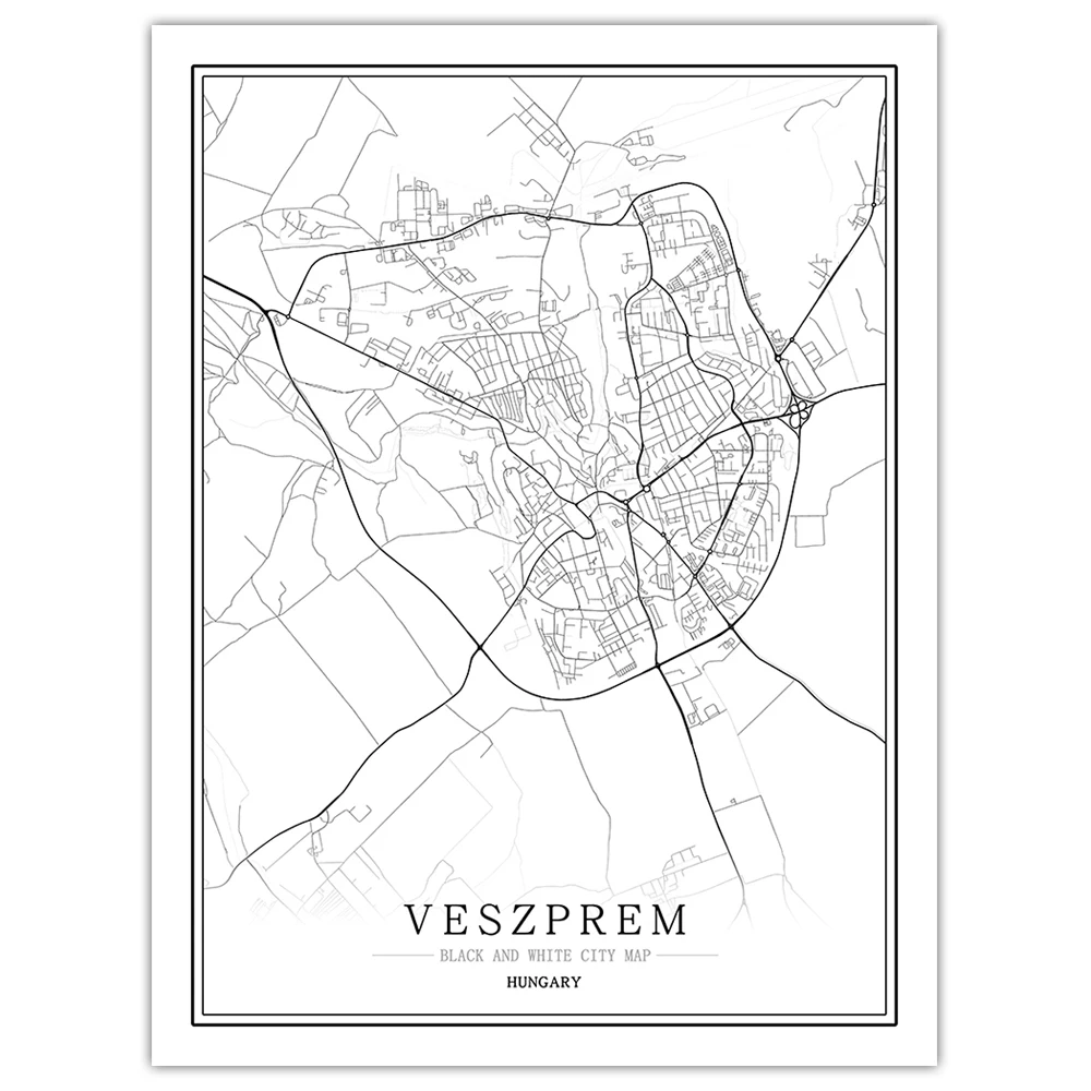 Венгерская черно-белая карта мира, плакат, Скандинавская гостиная, Budapest Eger Cegled, настенные художественные картинки, домашний декор, холст, живопись - Цвет: Veszprem