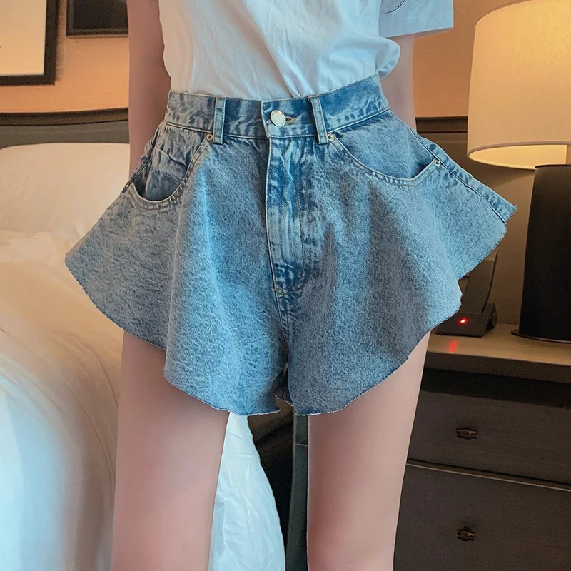 Женские шорты с завышенной талией пикантные джинсовые клеш винтажная однотонная