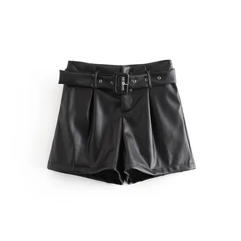 

Vintage Black Faux Leather Shorts for Women Fashion Sashes Zipper Fly High Waist Short Elegant Wide Leg PU Leather Shorts