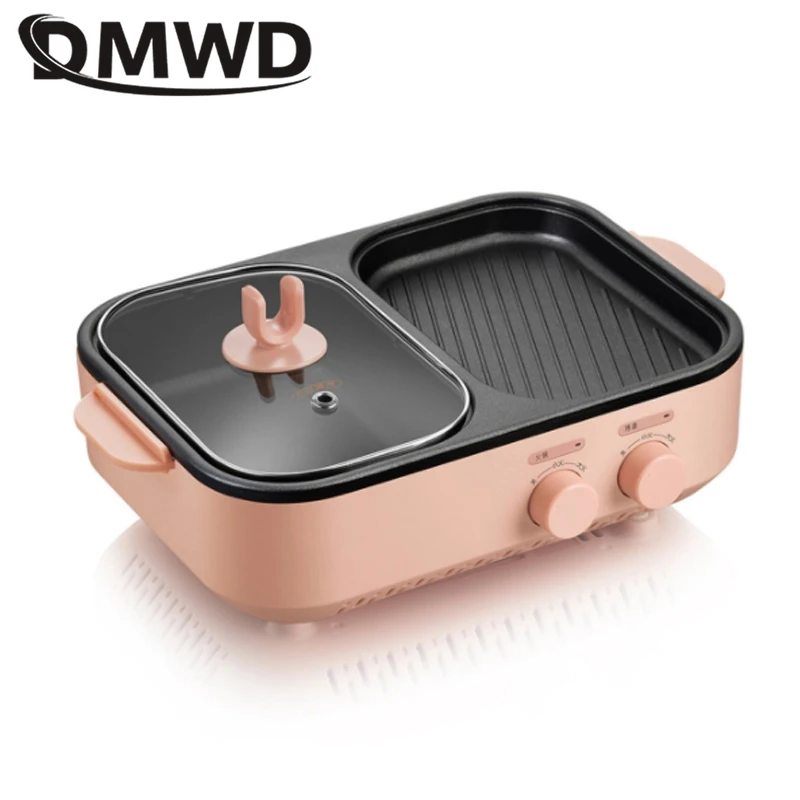DMWD Household Baking Pan Electric Frying and Roasting Pan 1L Hot Pot Barbecue Grill Baking Machine Multicooker Smokeless 220V 3