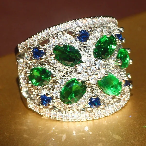 Green Flower Zircon Crystal Ring For Ladies Wedding engagement party Ring Jewelry Gift