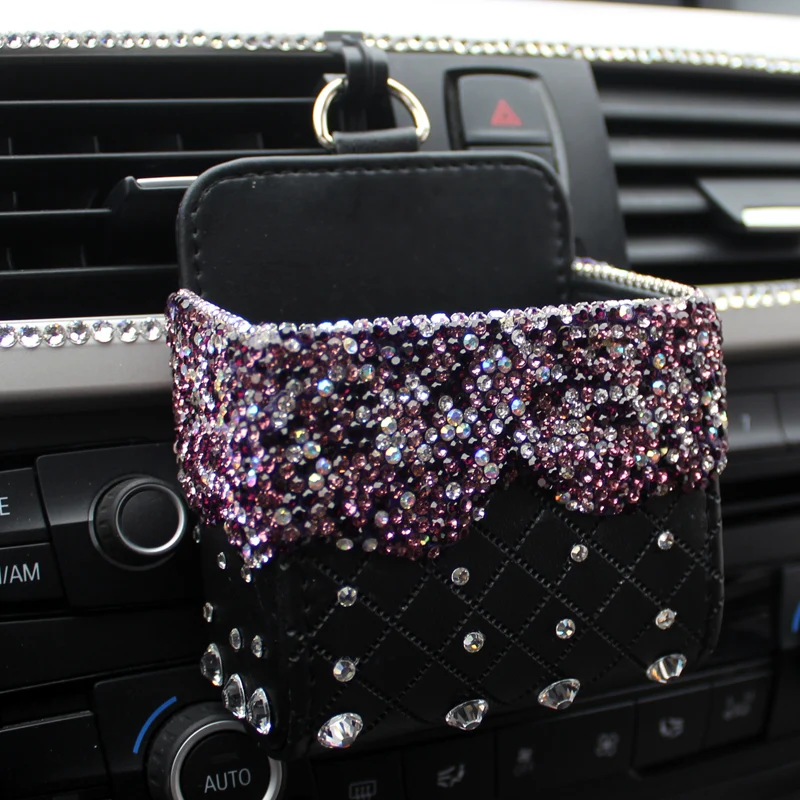 Серый Luxury PU Leather Car Storage Pocket Diamond Crystal Car Air Conditioning Air Outlet Box Mobile PHone Bags - Название цвета: Серый