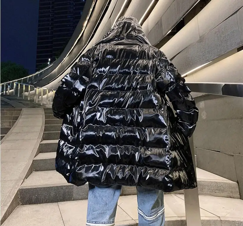 M-XXL!Winter new super fire men's long loose hooded bright leather coat men and women couples jacket jacket
