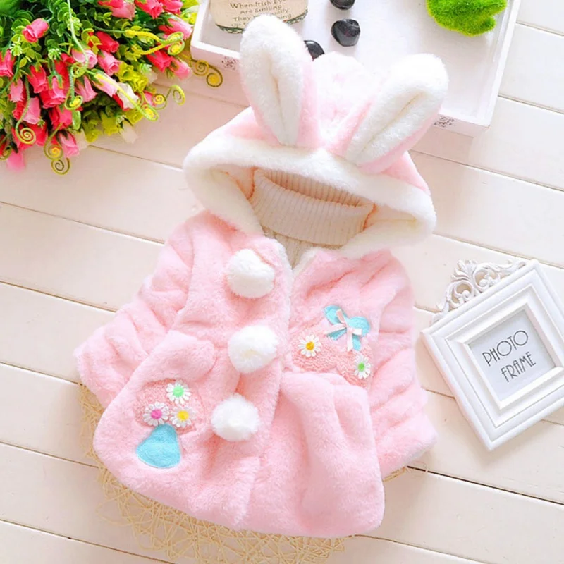 Autumn Winter Baby Girls Artificial Fur Thicken Long Sleeve Outerwear With Rabbit Ear Cute Hairy Comfortable Warm Hoodie Coat