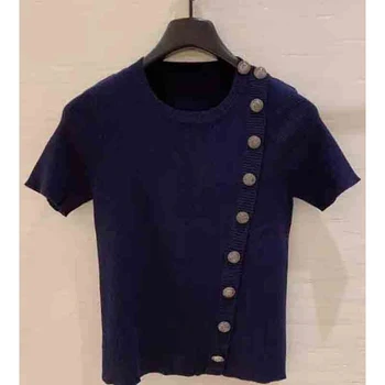

Cosmicchic 2020 Fashion Women Short Sleeve Knitted T Shirt Single Button Soild Sunken Stripe Pullover Knitwear Slim Office Tops