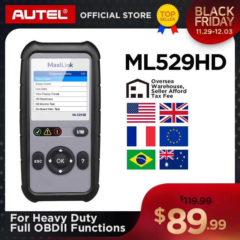 Autel MaxiLink ML529HD сканирующее устройство усовершенствованный режим 6 OBD2 авто код ридер Heavy Duty диагностический инструмент с использованием SAE-J1939 SAE-J1708