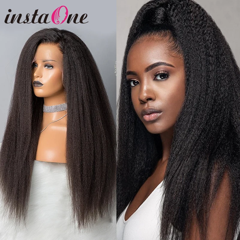 

8- 30 Inch Long 13x4 360 Lace Frontal Wig Kinky Straight Brazilian Yaki Lace Front Human Hair Wigs For Black Women #1b Remy Hair