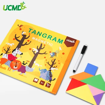 

Magnetic Brain Teaser Puzzle Fridge Magnet Toy 7 Piece Tangram Jigsaw Games Montessori Learning Educational Toys for Kids Adult