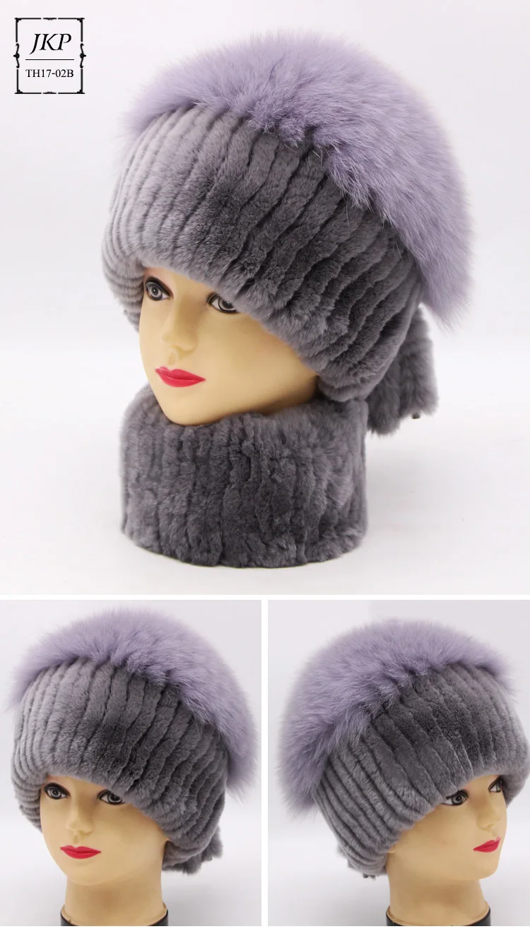 JKP Real Rex Rabbit Fur Set of Hat and Scarf for Women New Fashion Winter Real Fox Fur Hair Luxury Brand Hat and Scarf Set