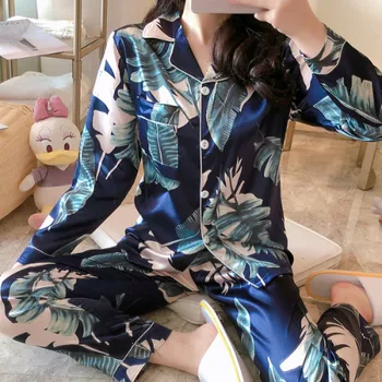 

Leaves Printed Pajama Sets For Women Spring And Autumn Loose Comfort Pyjamas Casual Female Pijama Silk Comfort Sleepwear
