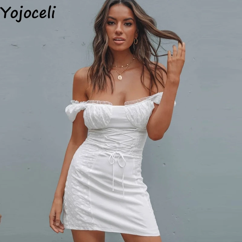 Yojoceli, сексуальное, с открытыми плечами, элегантное, короткое платье, кружевное, с рюшами, с вышивкой, на шнуровке, платье, пляжные, вечерние, на каждый день, Крутое платье vestidos