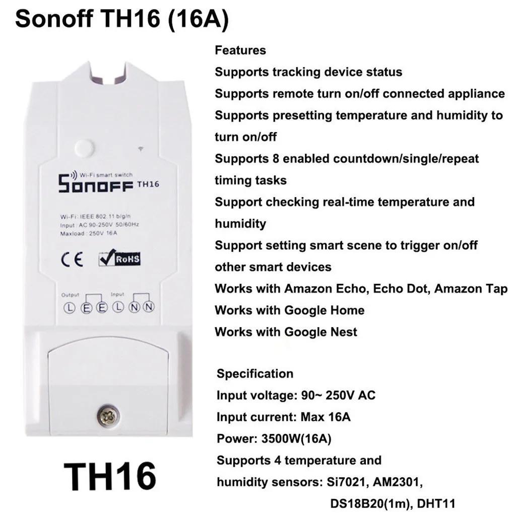 Sonoff TH16/TH10 умный переключатель Wi-Fi Мониторинг температуры и влажности умный датчик температурные приборы#4C30