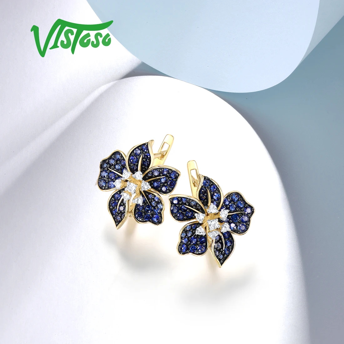 VISTOSO Gold Earrings For Women 9K 375 Yellow Gold Sparkling Lab Created Sapphire White Topaz Blue Lily Flower Fine Jewelry