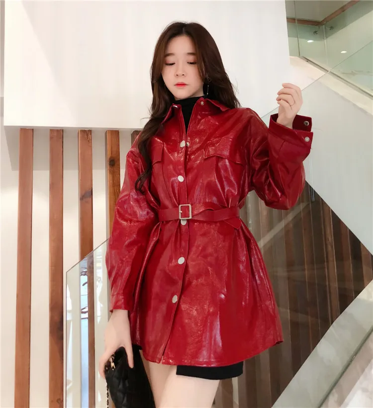 Faux Leather Coats Women Fashion Slim PU Jackets Women Elegant Tie Belt Waist Buttons Coats Female Ladies