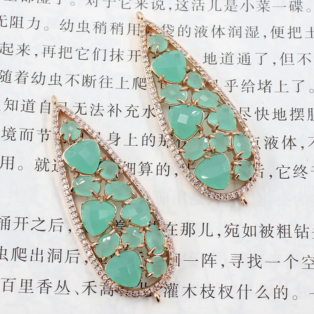 APDGG 2Pcs 19x54mm Green Jade Gold Plated Water drop Pendant Connector For Necklace Bracelet Earrings Jewelry DIY