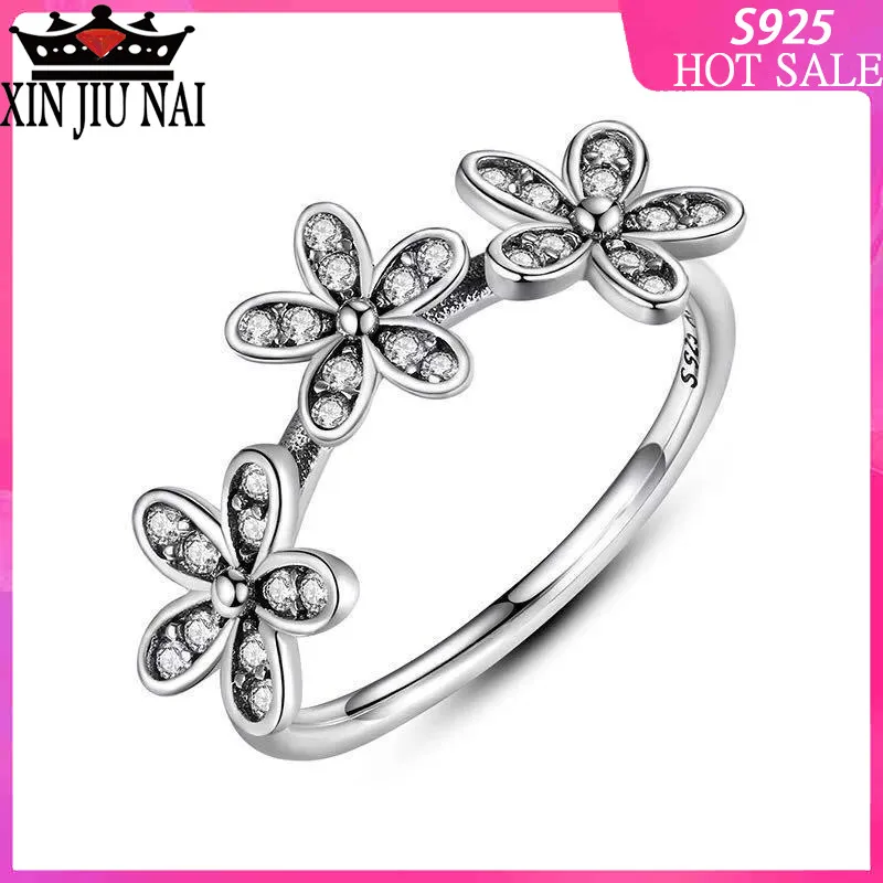 

925 Sterling Silver Jewelry Finger Thai silver Rings with AAA Crystal Flowers Three Silver Ring for Party Jewelry Christmas Gift