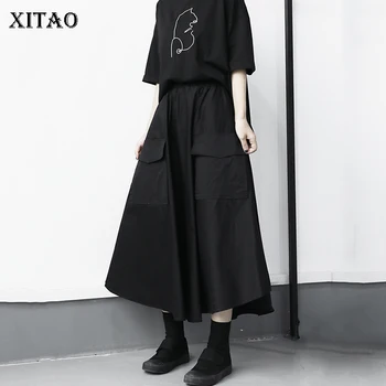 

XITAO Black Pleated Skirt Women Loose Fashion All Match Elastic Waist Pockets 2020 New Autumn Slim Korean Style Goddess ZP1778