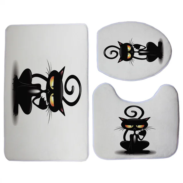 HUGSIDEA 3pcs Cute Black Cat Design Bathroom Toilet Seat Cover and Carpets set Angry Kitty Toilet Lid Cover Door Mat Home Rugs - Color: HMM1147CP