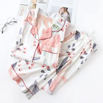 

Spring Autumn New Ladies Pajamas Set Floral Printed Full Cotton Fresh Style Sleepwear Set Women Turn-down Collar Female Homewear