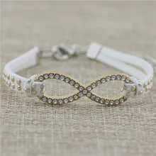 12 шт./лот, модные ювелирные изделия, позолота, кристалл, символ бесконечности, браслеты, браслеты с застежкой омаров, кожаные браслеты для женщин