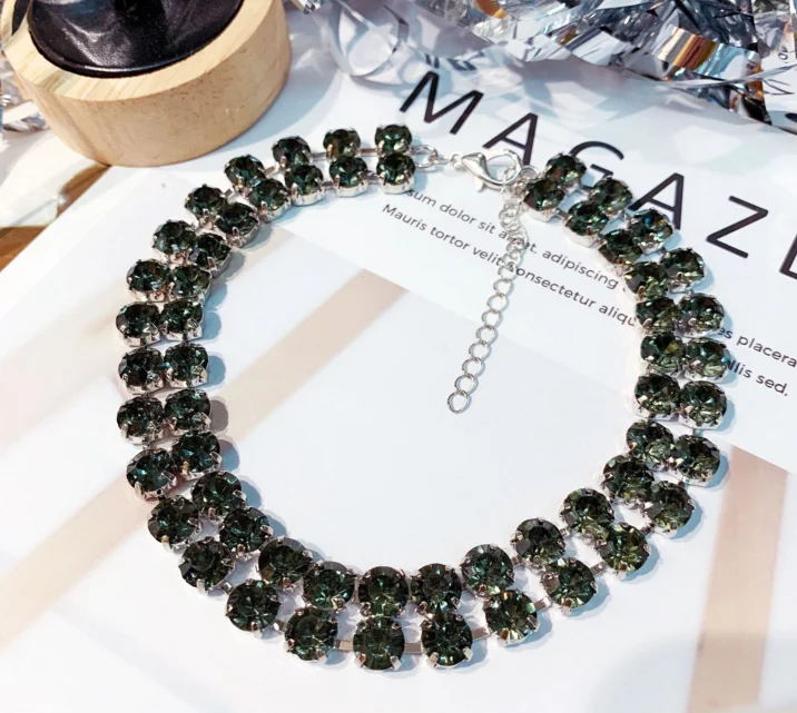 Модный двойной чокер, ожерелья для женщин, новинка, Bijoux, Зеленый Кристалл, цепочка, ожерелья, массивные ювелирные изделия, вечерние, подарки