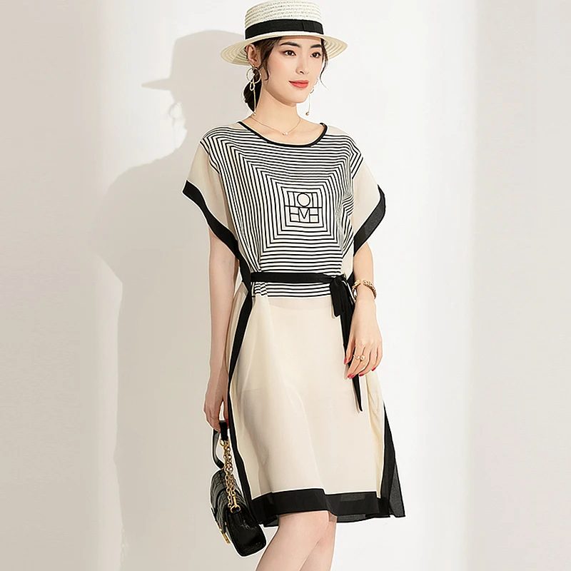100% Silk Dress Women Elegant Design Printed Loose