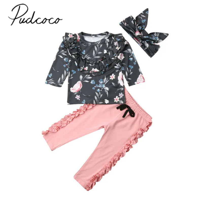 

2019 Baby Spring Autumn Clothing Toddler Baby Girls Ruffles Flower Kid Long Sleeve Tops Shirts Pants Headband Clothes 3PCS 0-3T