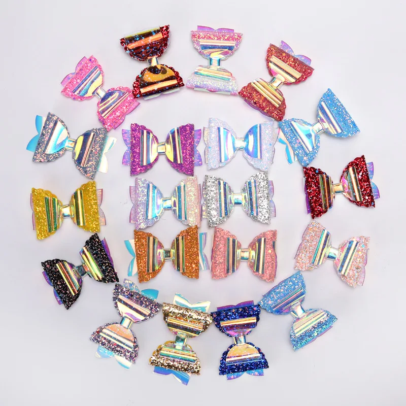 

60pc/lot 3.5inch Laser Colors Glitter Hair Bow Nylon Headband Kids PVC Colorful Bows Hairpins Kids Hair Clip Hair Accessories