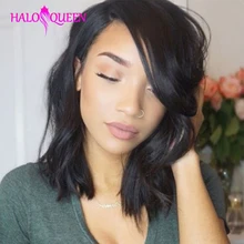 Парики из натуральных волос на кружеве HALOQUEEN, бразильские волосы remy, парики для тела, предварительно выщипанные волосы, волнистые, 8-14 дюймов, Короткие парики