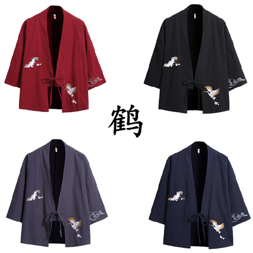 Kimono Cardigan Japanese Style Men Samurai Haori Clothing Crane Embroidery Traditional Vintage Yukata Asian Clothes Women