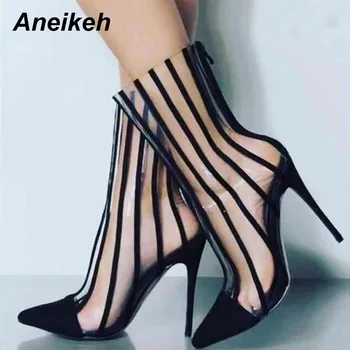 

Aneikeh PVC Transparent Boots Sandals Pointed Toe Thin High Heels Shoes Clear Mujer Women Boots Black Striped Boots Party Shoes