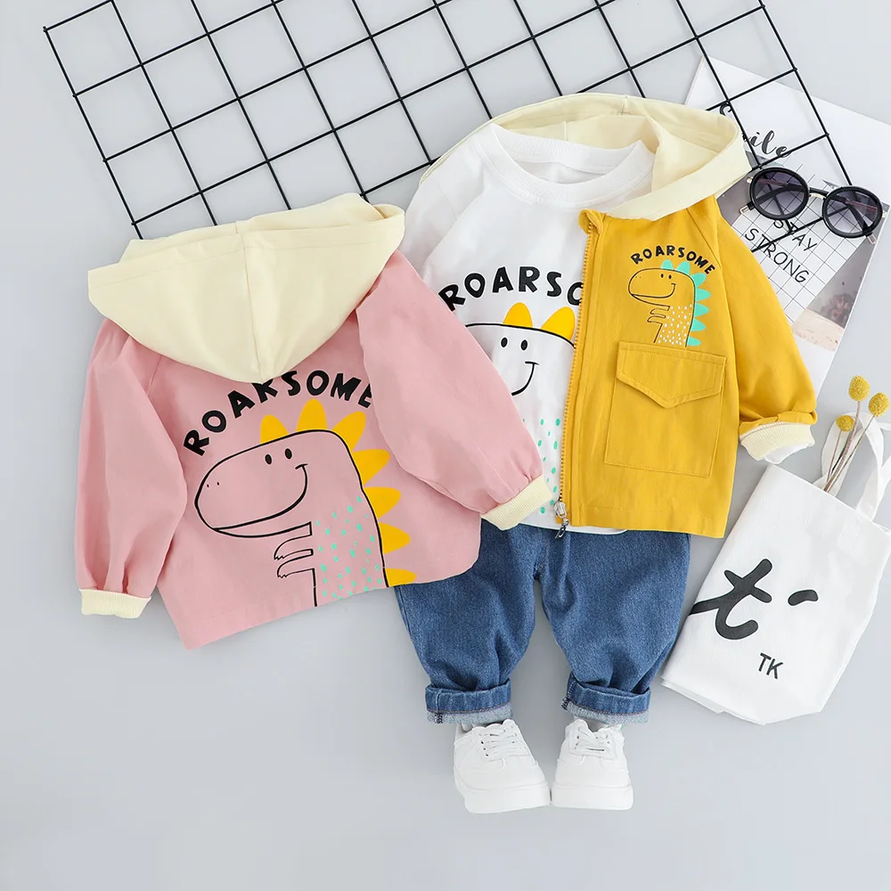 

2019 Autumn New Products Dinosaur Three-piece Set CHILDREN'S Cartoon Dinosaur Coat T-shirt + Cowboy Trousers Three-piece Set