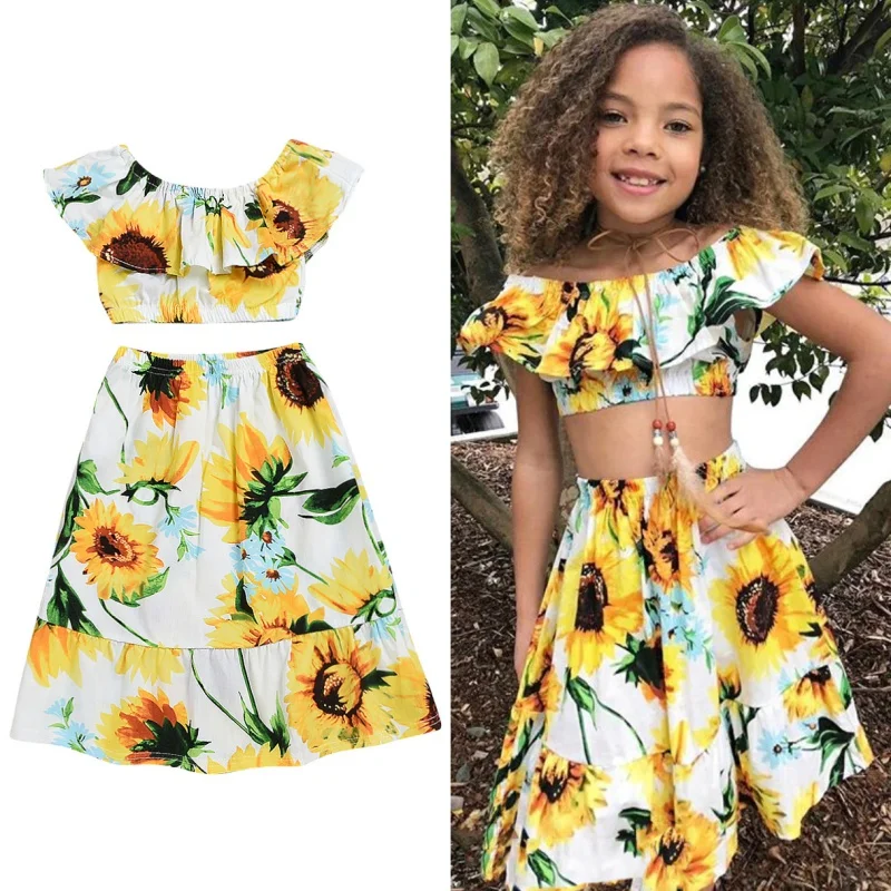 

2Pcs/Set Baby Girls Summer Casual Flare Sleeve Flower Print Tops Blouse+Long Skirts Suits