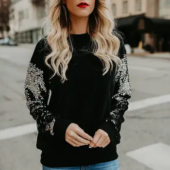 

Women's Hoodie Autumn Sequins Slim Long Sleeve Round Collar Sexy Casual Top Black Nightclub Wear hoodies new