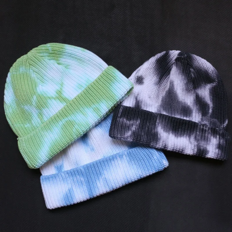 

Tie-dye Beanie Warm Winter Hats For Women Ladies Men Cuffed Plain Skull Cap Bonnet Autumn Knitted Hip hop Plangi Short Watch Cap