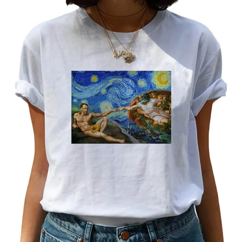 Ван Гог Футболка женская масляная арт футболка забавная микеланжело ...