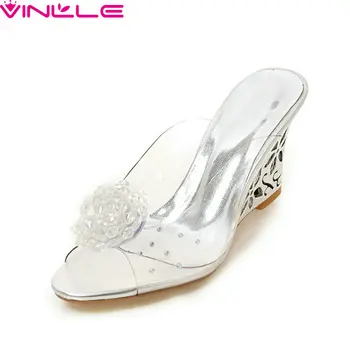

VINLLE 2020 Transparent PU Leather Sandals Wedge High Heel Slip on Ladies Shoes Summer Flower Slingback Women Pumps Size 34-43