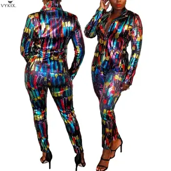 

Two Pieces Set Colorful Sequined Sparkle Blazers And Pants Sexy Glitter Slim Spring Fashion Ladies African Femme Women Set Suits