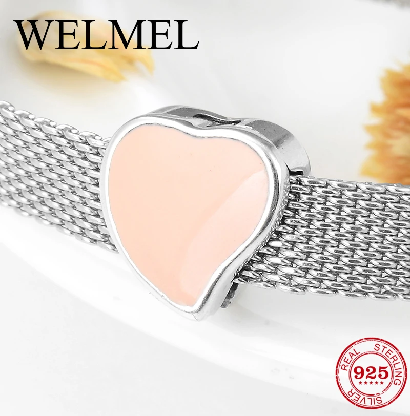 

Sweet Pink Enamel Heart Beads Clip 925 Sterling Silver Charm fit Reflection Charm Bracelets Watch for Women Original Jewelry