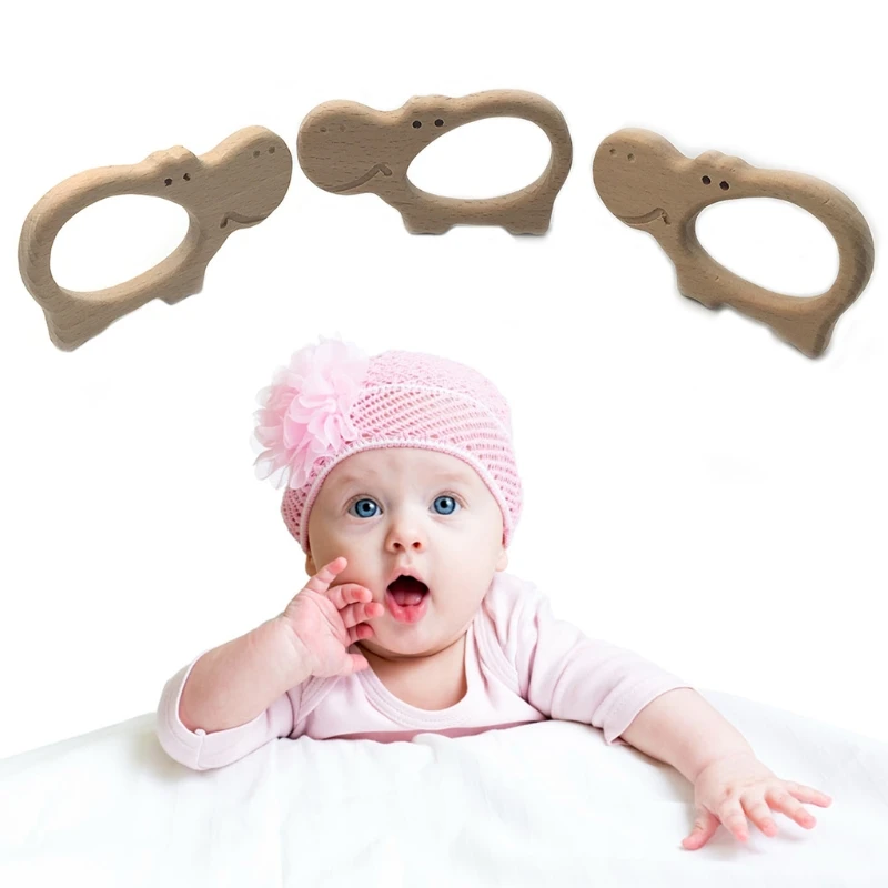 

Baby Teether Animal Hippo Shape Teething Nursing Natural Wooden Toy Organic Safe
