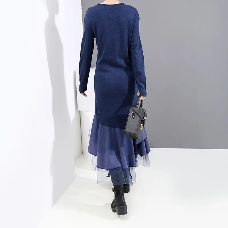 Новинка 2019 Женское зимнее модное синее Повседневное платье с длинным рукавом