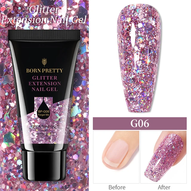 BORN PRETTY 30/20ml Glitter Acrylic Gel Finger Extension Silver Pink Extension Gel Soak Off Nail Art Gel Varnish G06