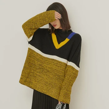 

Woman Casual Sweater Striped Patchwork Loose Oversized V neck Green Jumpers Pullover Knit Sweaters 2019 Ladies Knitwear