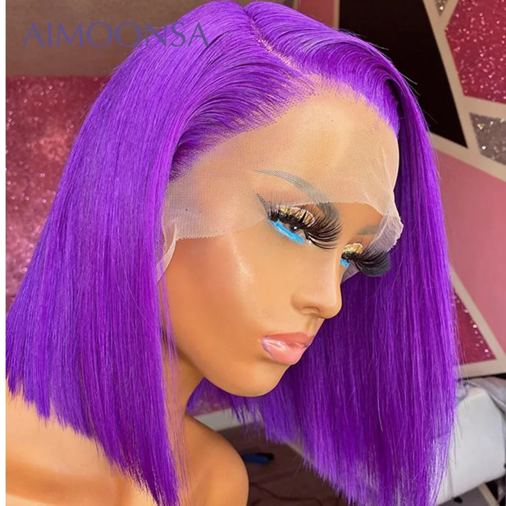 Purple Colored Human Hair Wigs Straight Lace Front Wig Short Bob Wigs