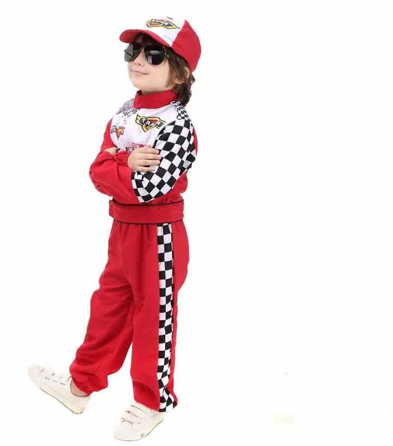 Kids Boys Halloween Racer Cosplay Red Race Car Driver Uniform Children