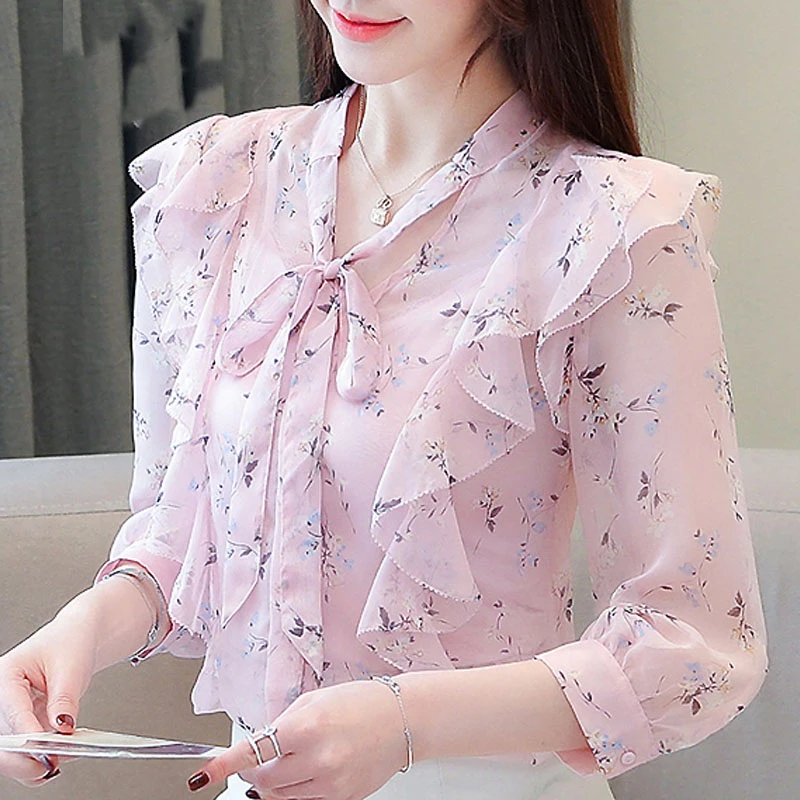 Женские блузки, модные женские шифоновые блузки с рукавом три четверти и бантом, с оборками, с принтом, розовые женские топы с цветочным принтом, женская одежда 5398 50