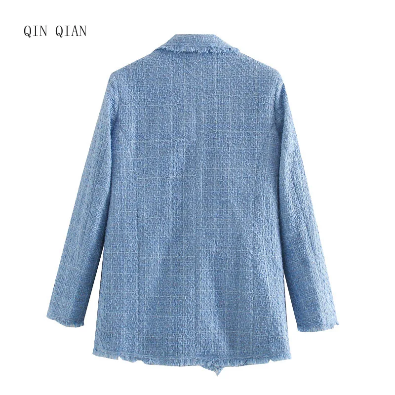 Women Fashion Office Wear Double Breasted Tweed Blazer Coat Vintage Long Sleeve Frayed Female Outerwear Chic Tops